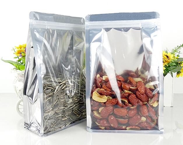 one side aluminized foil one side transparent square bottom boxpouch standup zipper lock bags