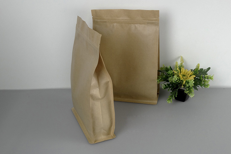 Kraft paper polythene boxpouch quad side seal flat bottom standup zipper lock snack packaging bags