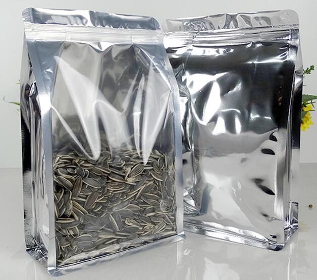 one side aluminized foil one side transparent square bottom boxpouch standup zipper lock bags