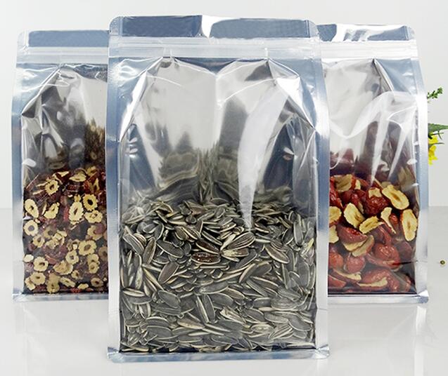 one side aluminized foil one side transparent square bottom boxpouch standup zipper lock bags
