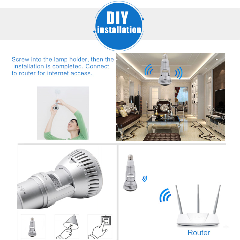 HD960P Wireless P2P Bulb IP Hidden Camera with LED Light and Remote Control