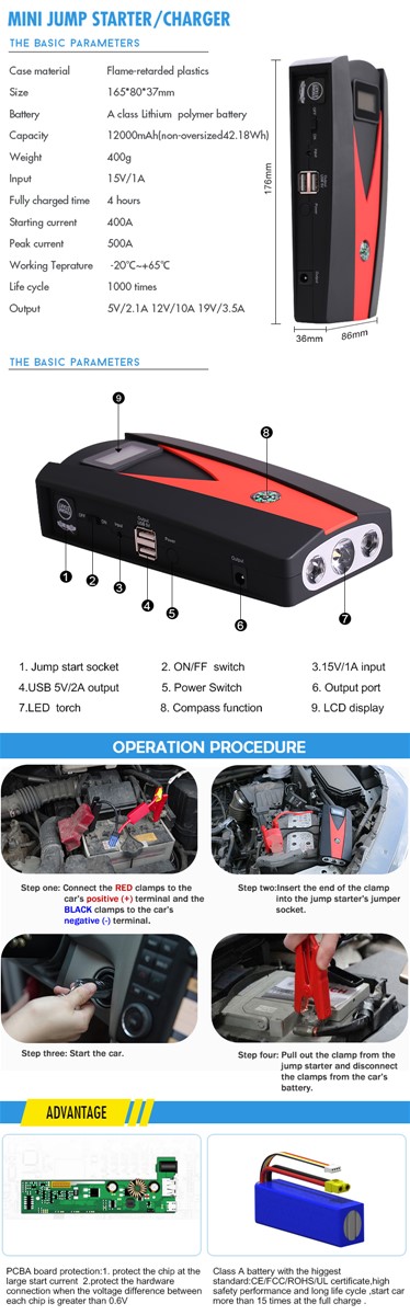 AUTO EPS car battery charger portable booster mini jump starter for 12V engines