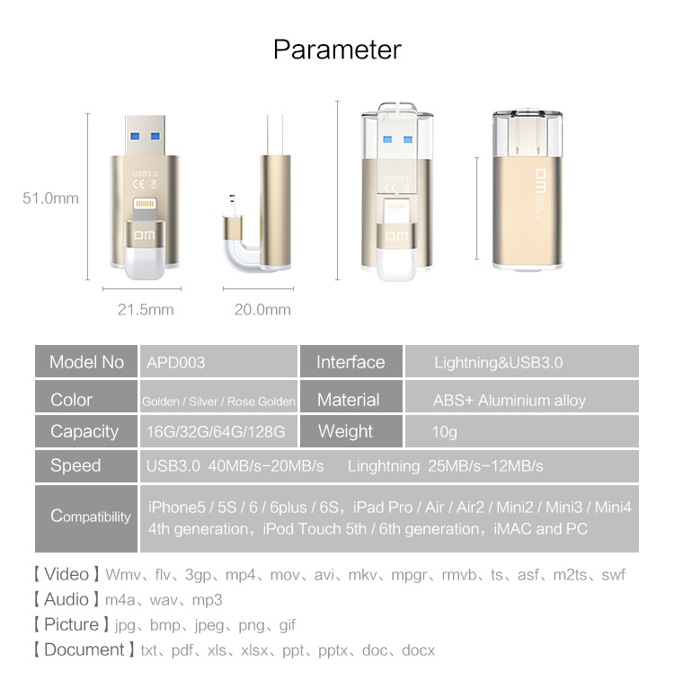 DM APD003 USB30 Highspeed Flash Drives 32G64G128G Capacity Expansion For iPhone with MFI