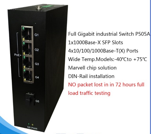 5 ports full gigabit switch 4x101001000BaseTX PoE ports 1x1000BaseX SFP slot Industrial Ethernet Switch P505A