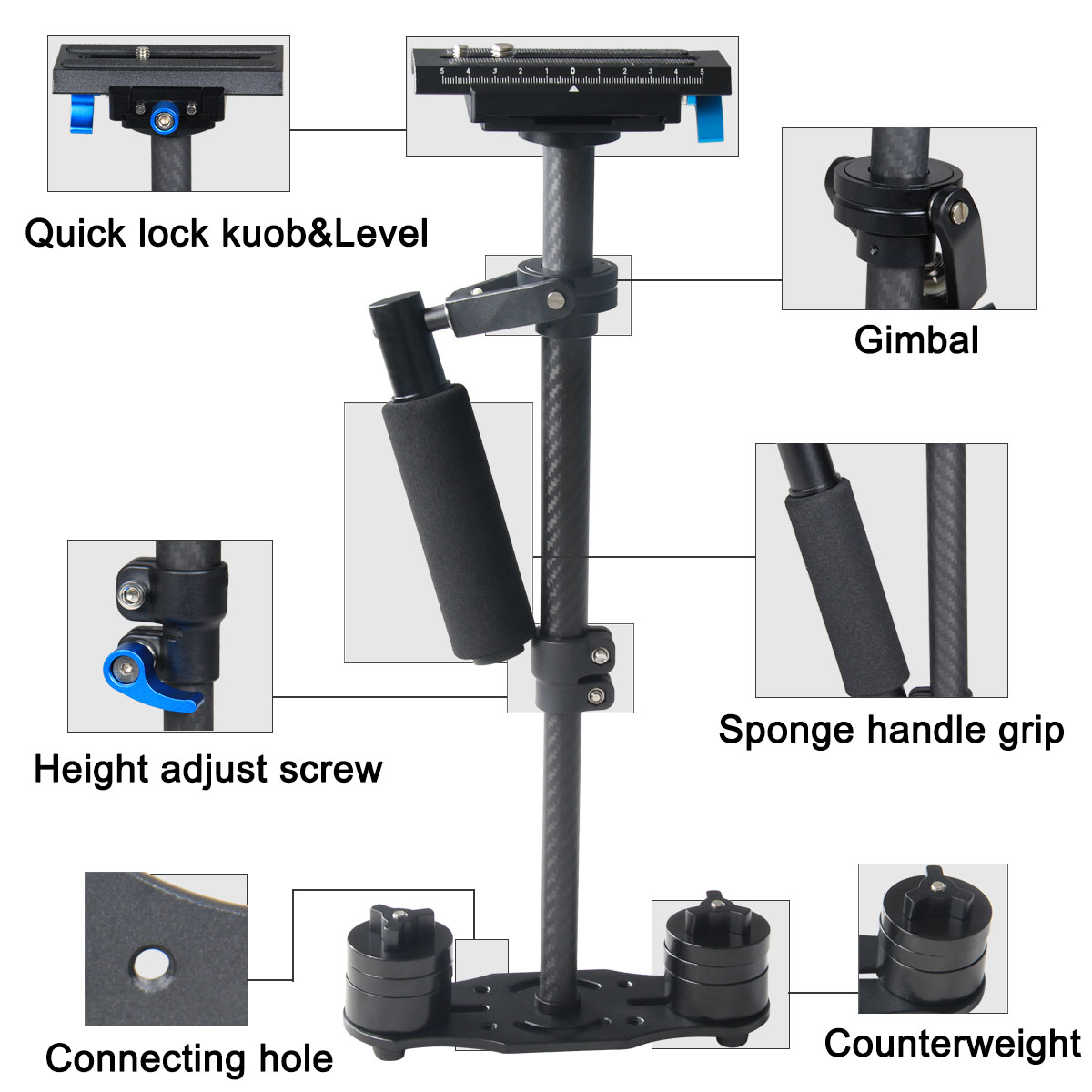 YELANGU Factory Price S40T Carbon Fiber 2840cm Handheld Mini Stabilizer for DVDSLR Other Camera