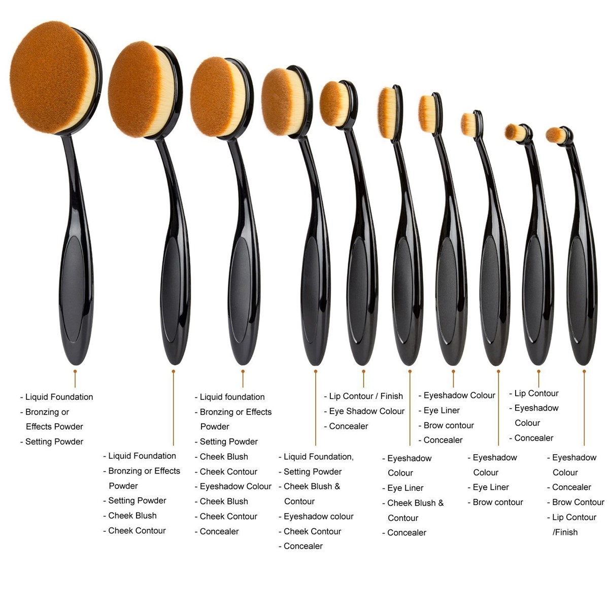 2016 fashionable 10pcs Oval makeup cosmetic foundation brush set