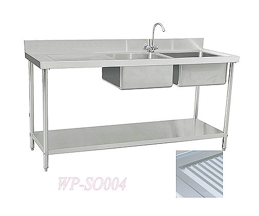 Stainless Steel Double Sink with Right Grooved Board and Under Shelf