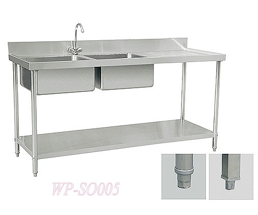 Stainless Steel Double Sink with Right Grooved Board and Under Shelf