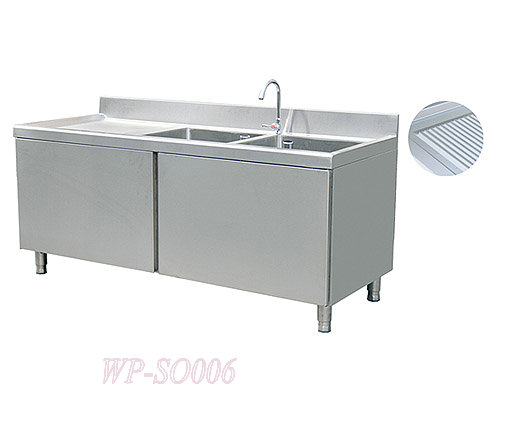 Stainless Steel Double Sinks Cabinets with Left Grooved Board