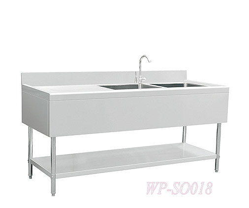 Stainless Steel Double Sinks with Left Grooved Board and Under Shelf