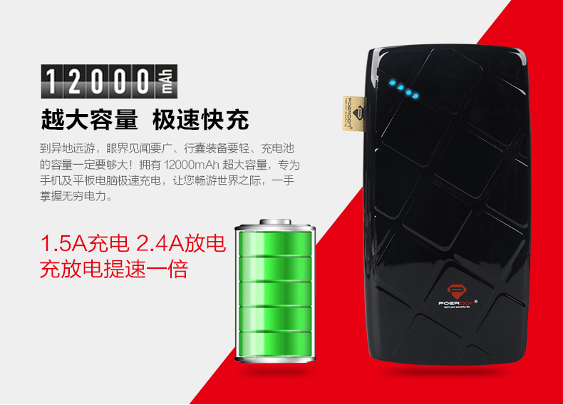 Polymer battery 12000mAh USB Power Bank Portable Pack Battery Charger for Cell Phones