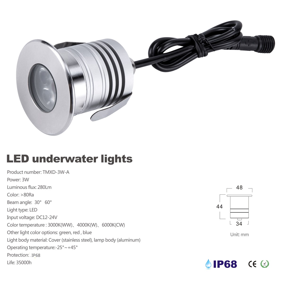 Mini 3W Cree XBD LED Underwater Light DC1224V IP68 Waterproof spotlight