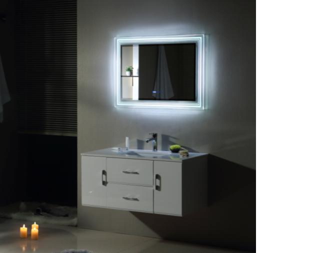 New style PVC bathroom cabinets modern art style with intelligent mist removing mirror countertop