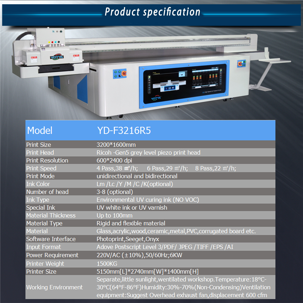 Yotta uv flatbed digital inkjet printer YDF3216R5