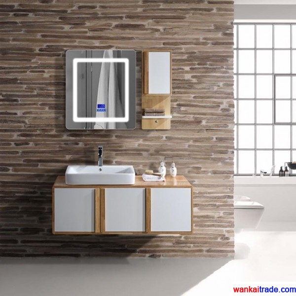 New style oak bathroom cabinet with double doors bluetooth music player and solid wood handle