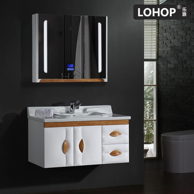 New Style PVC Solid Wood Bathroom Cabinet Mirror Cabinet with LED Touch Lamp