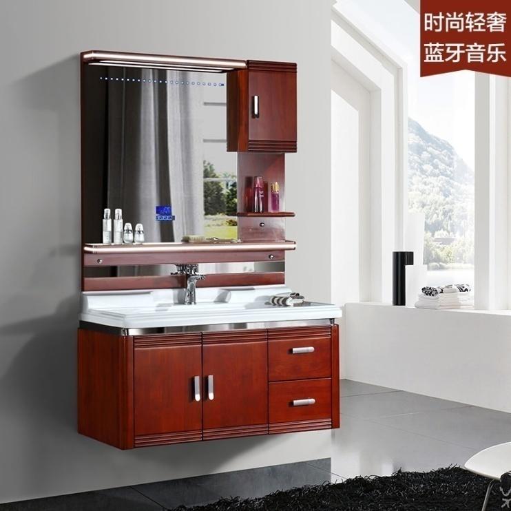 New style oak bathroom cabinet with bluetooth music plqyer and hydraulic buffer hinge