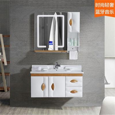 New style PVC solid wood bathroom cabinet Mediterranean style with bluetooth music player