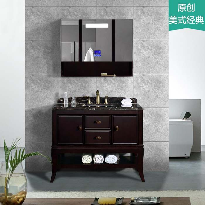 New style oak bathroom cabinet natural marble countertop and bluetooth music player