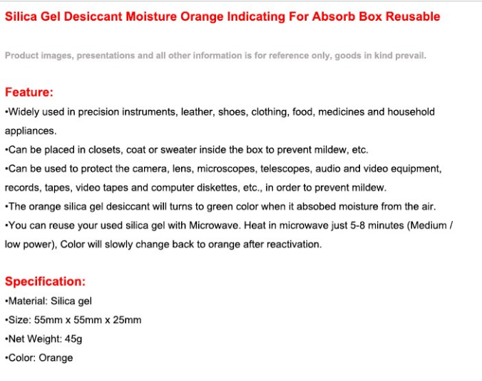 Silica Gel Desiccant Moisture Orange Indicating work For Absorb Box Reusable