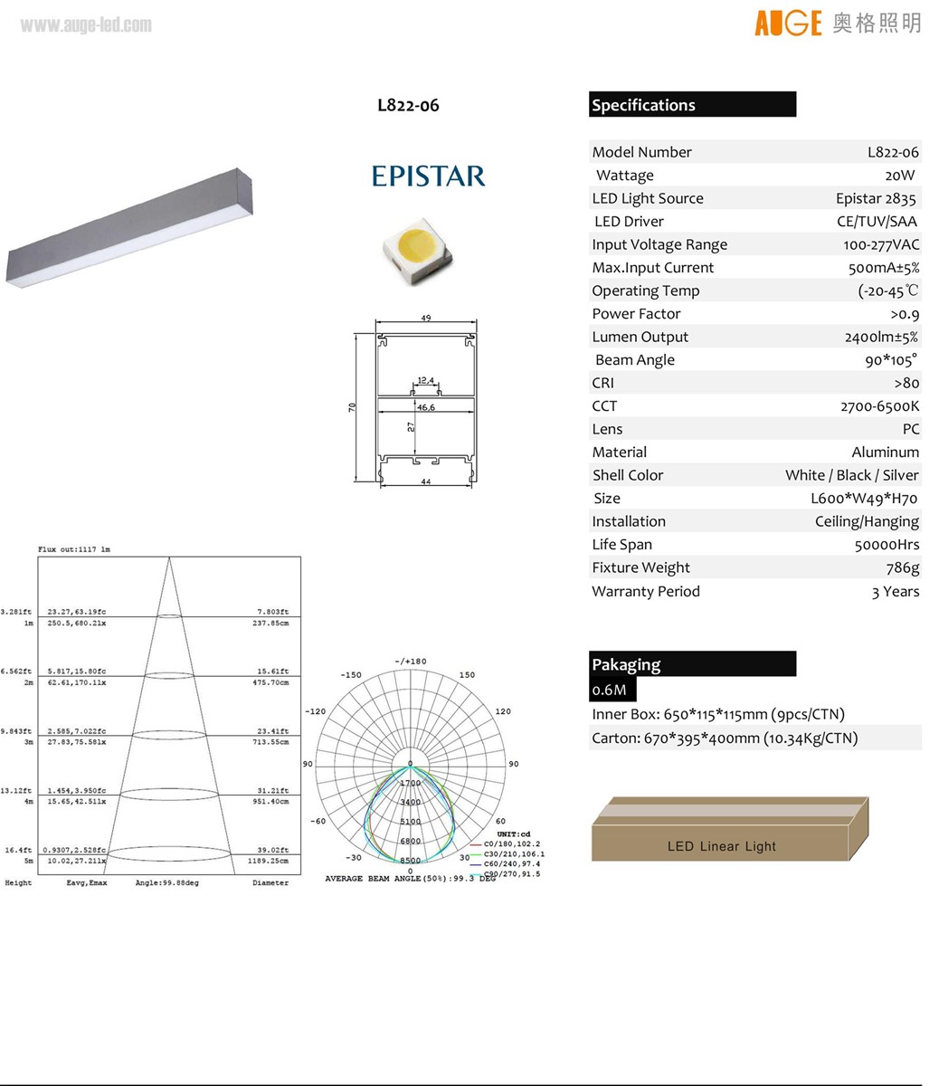 600mm 2ft LED Linear Light 20W LED Linear Light for OfficeSupermarket Suspension Linear Light