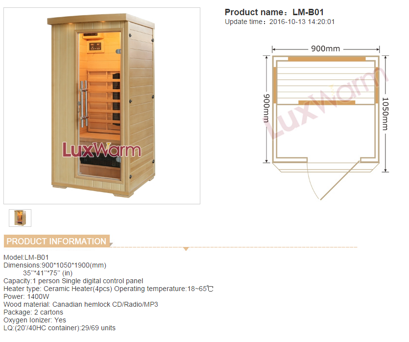 Ceramic heater 1 person home in frared dry sauna