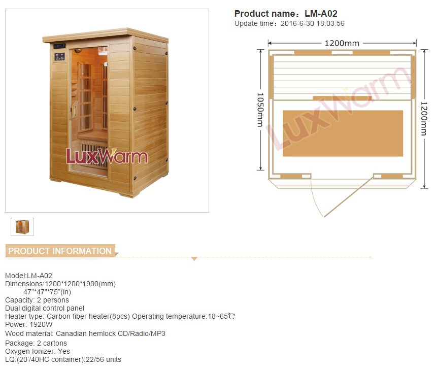 2 Person Infrared Carbon Heater Sauna Room