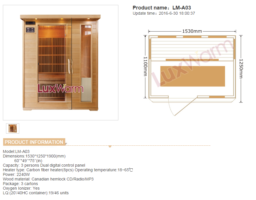 3 Person Far Infrared Carbon Heater Sauna Room