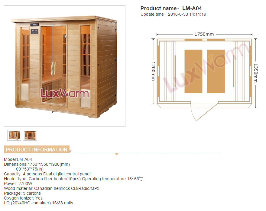 Carbon fiber heater infrared sauna room for 4 people