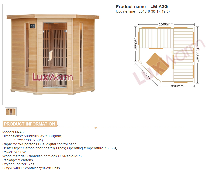 3 person corner style hemlock infrared sauna room