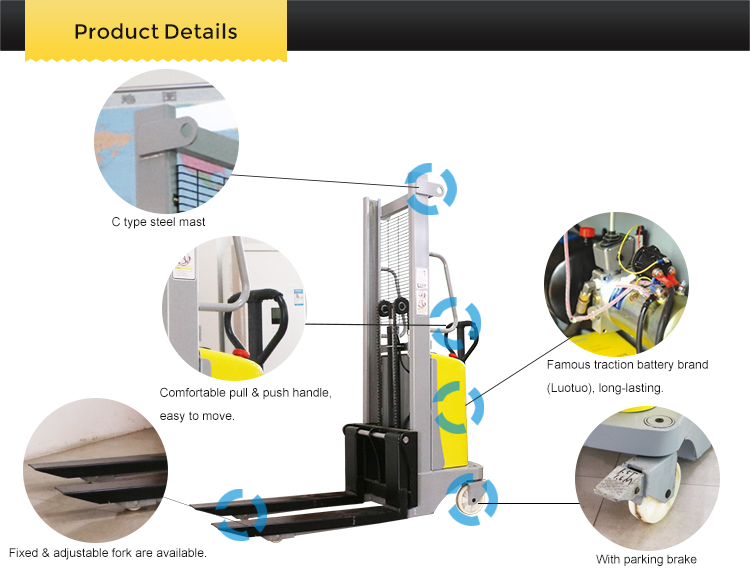 1 ton 1000kg semi electric pallet stacker with 2500 lifting height