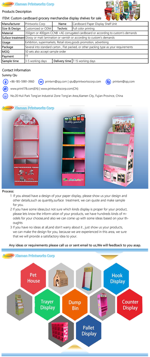 Custom cardboard grocery merchandise display shelves for sale