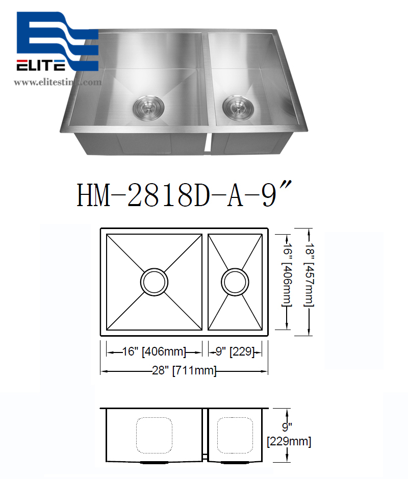 Stainless Steel Sink zero radius edge double bowl