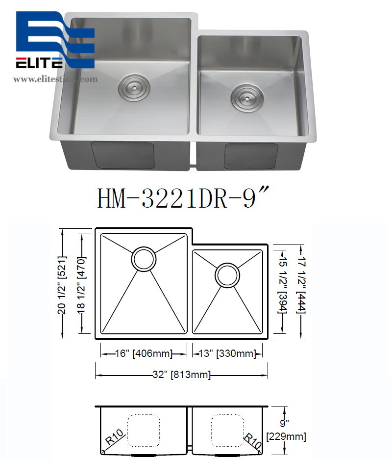 Unequal Double Bowl Stainless Steel Undermount Sink for countertop