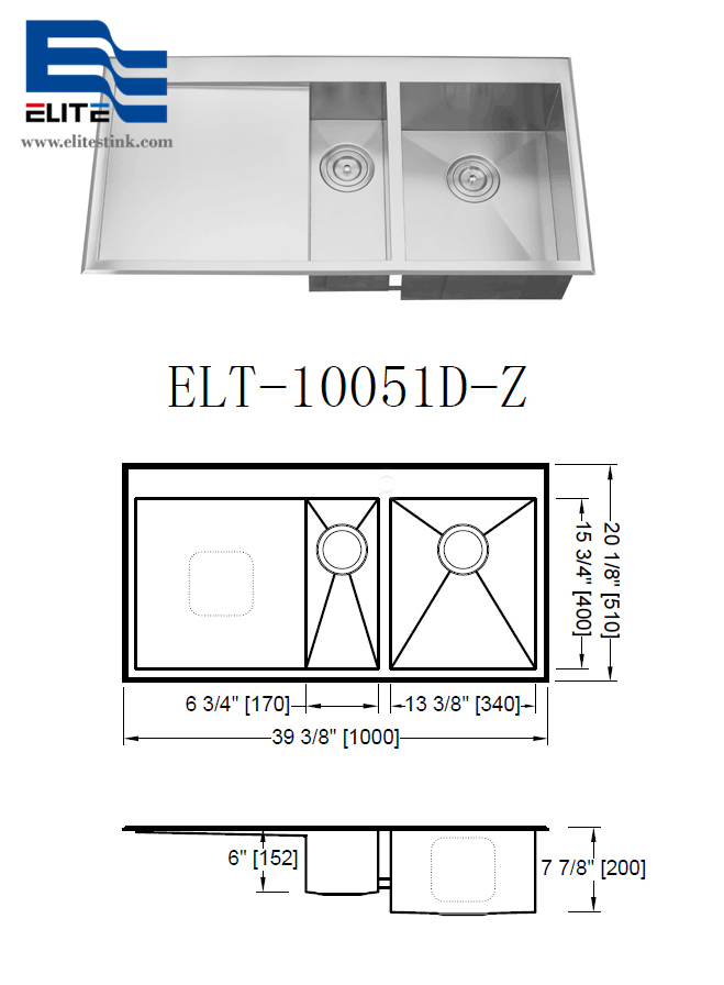 16Gauge Topmount Stainless Steel Sink Double Bowl with Drainboard