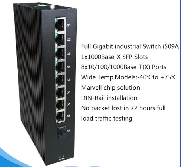 9 gigabit ports with 8x101001000BaseTX ports and 1x1000BaseX SFP slot Full Gigabit industrial switch i509A