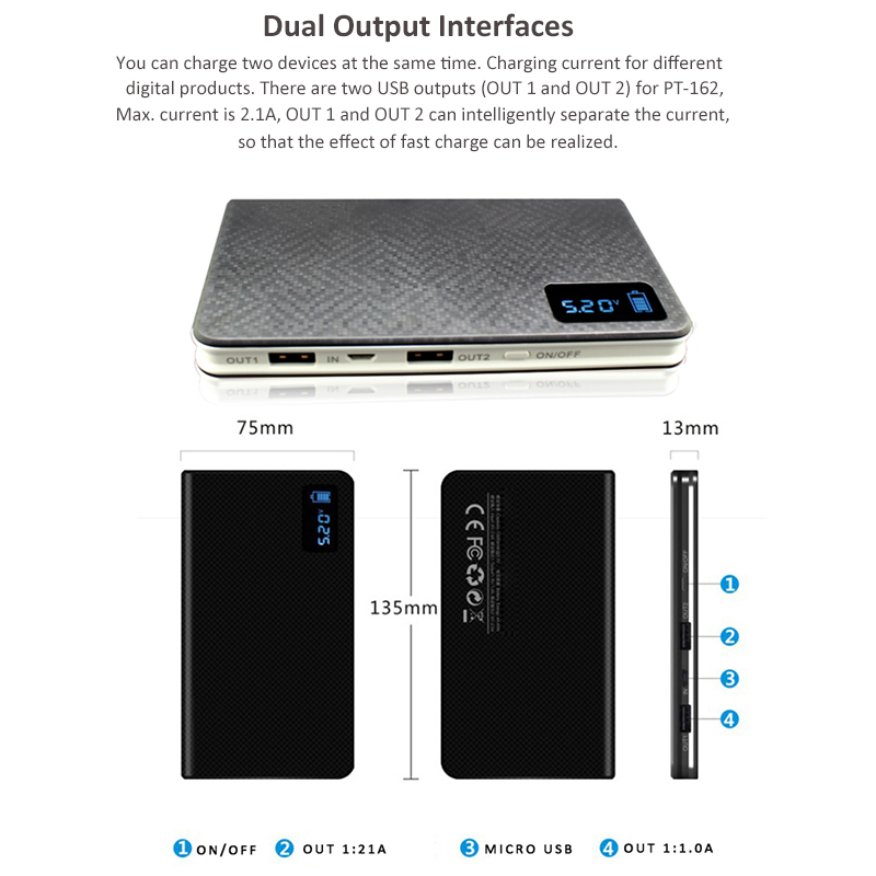 PT162 Latest Dual USB Outputs Best Smart Power Bank 10000mAh