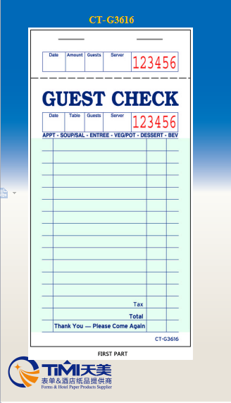 CT-G3616 1 Part Green & White Guest Check with Top Guest Receipt - 50/Case