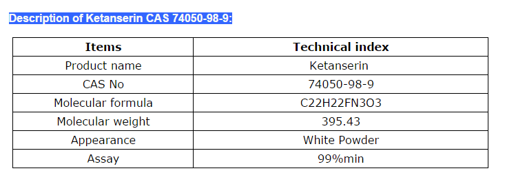 Ketanserin CAS NO74050989 factory supply with good quality and competive price