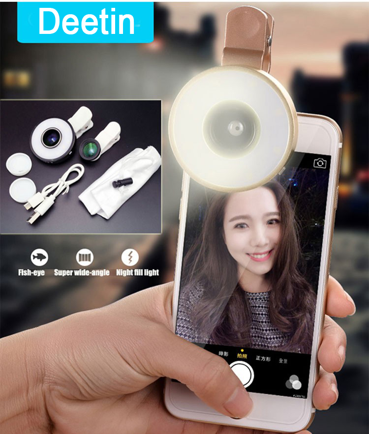 6 in 1 LED multi phone Lens Fisheye Wide Angle Macro Lens and LED Selfie Light