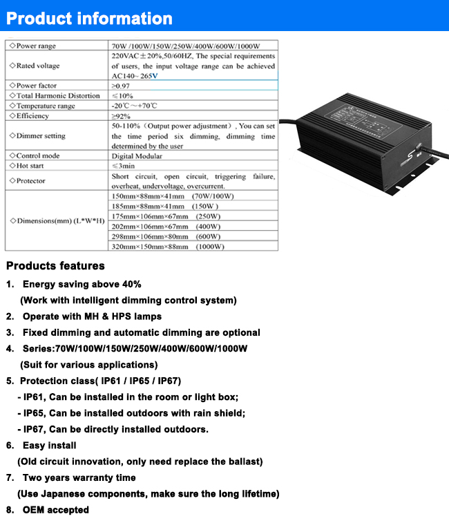 10 years china factory direct supply digital electronic lighting ballast 70w1000w