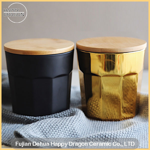 Gold Ceramic Candle Container with woeden lid