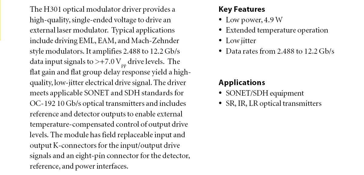 10Gbps Optical Modulator Driver JDSU H301 Series 7V RF Amplifier