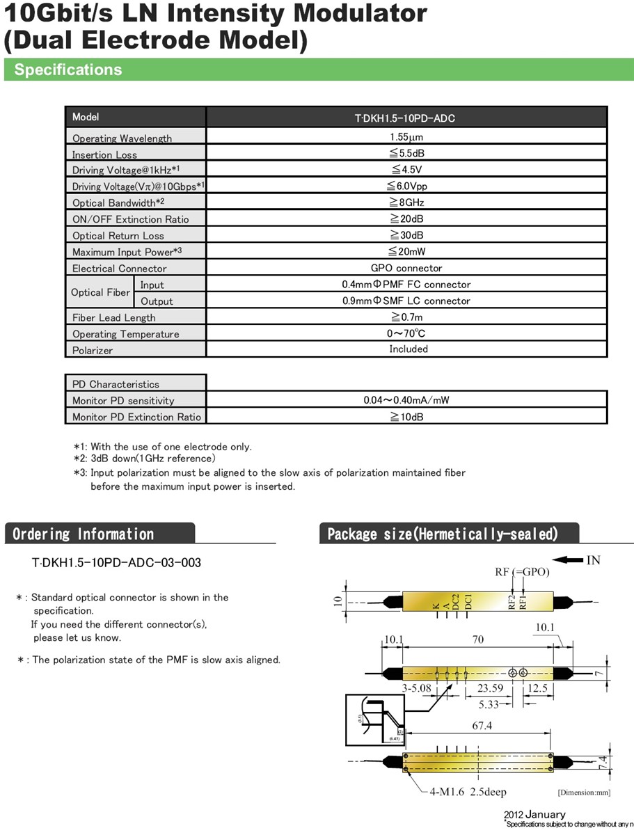 10gbps Intensity Modulator Sumitomo T Dkh1510pdAdc