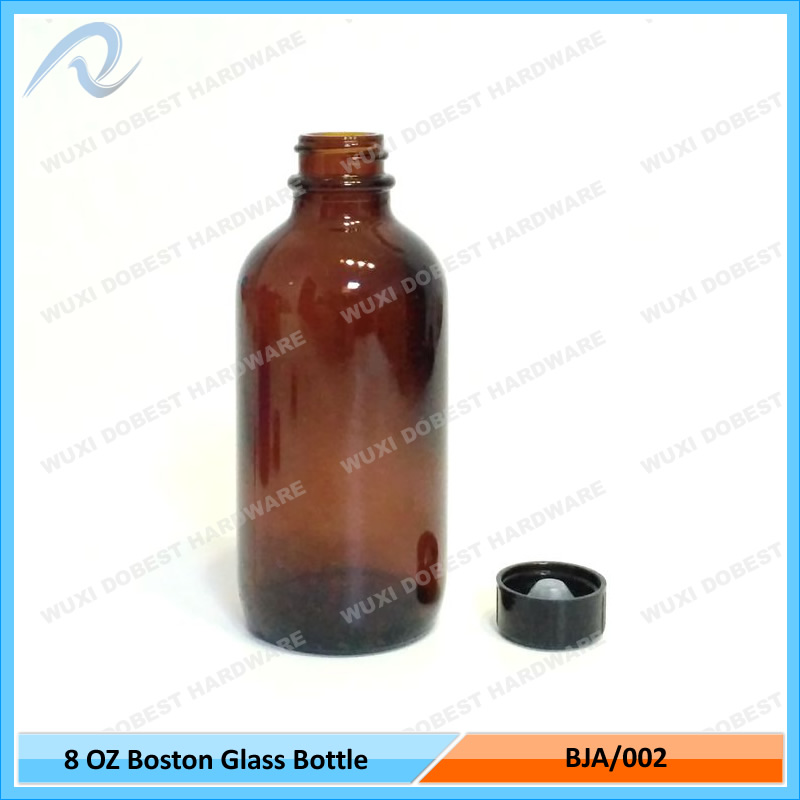 Wholesale 8oz amber cobalt blue green boston round glass bottles with poly cone Black Phenolic Cap