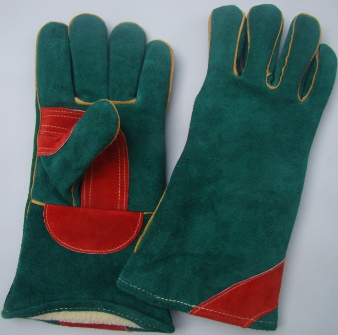 Green split cowhide safety welding gloveswarm gloves winter gloves