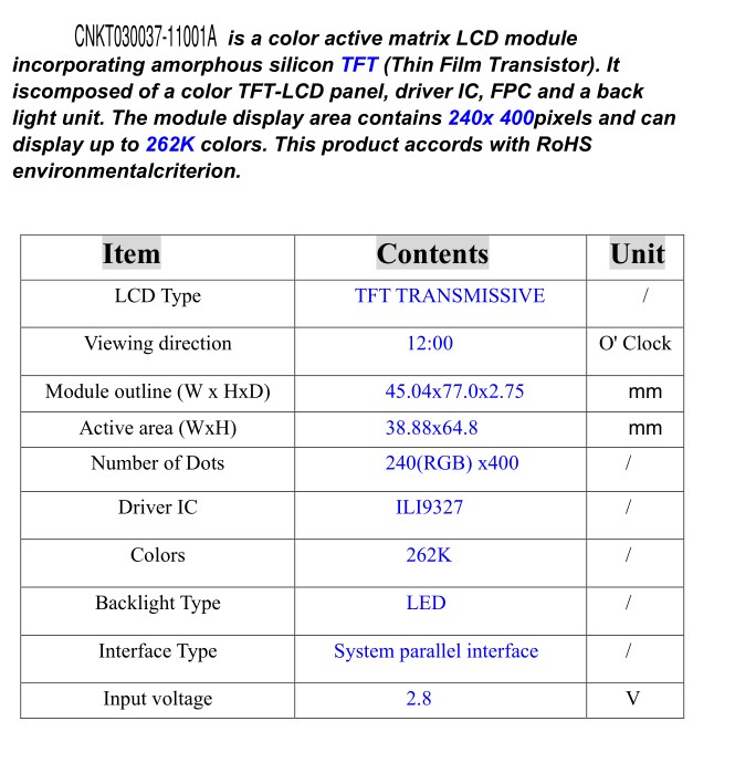 3 inch 240RGBx400 SPI Color TFT LCD Module Display