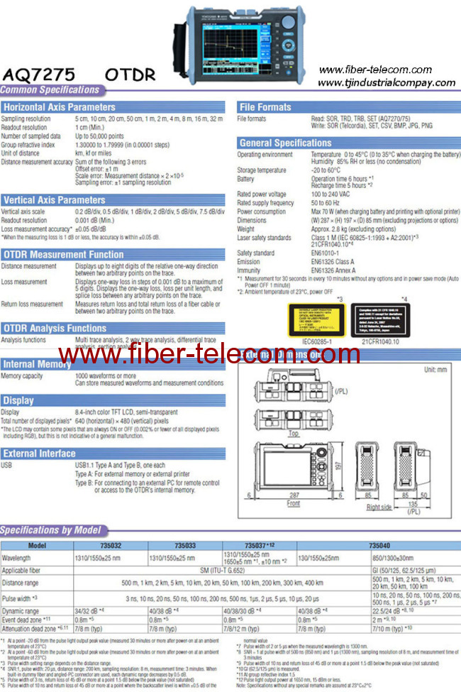 YOKOGAWA OTDR Optical Time Domain Reflectometer AQ7275