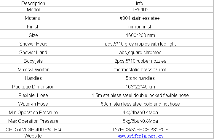 Stainless Steel Chrome Finish LED Shower Head Bathroom Shower Panel TP9402 Faucet Accessories