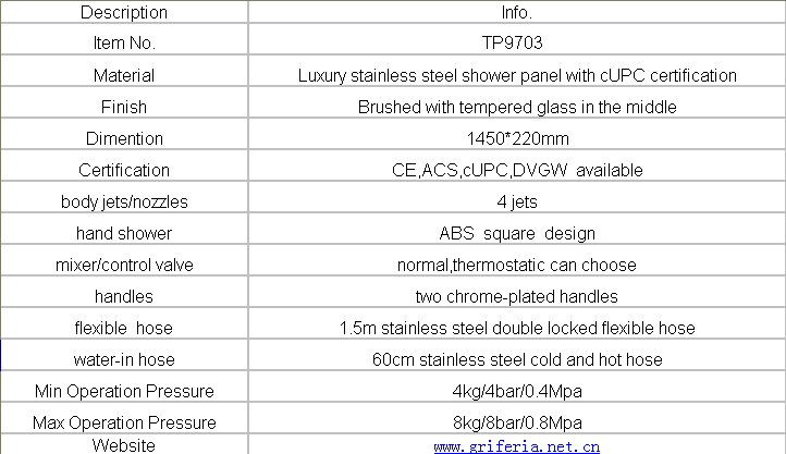 HighEnd 304 Stainless Steel Bathroom Accessories Shower Panel TP9703